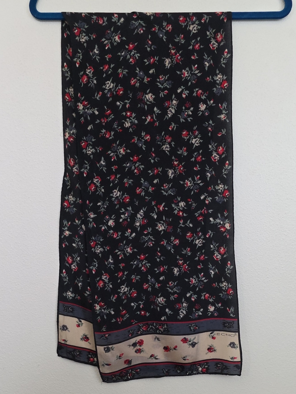 Echo Silk Floral Black, Red, Green, Gray Rectangular Scarf  52 X 11